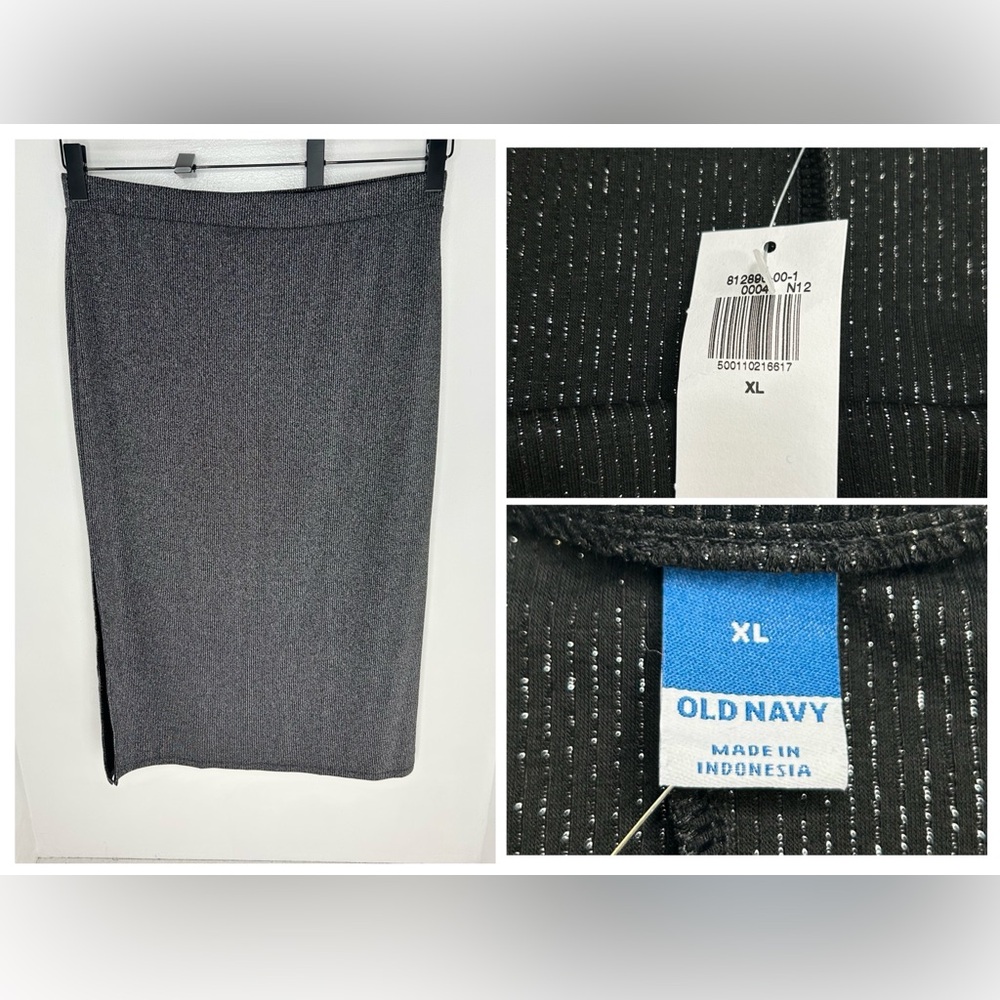 Old Navy NWT Midi Skirt Size XL Metallic Silver Side Slit Elastic Waist Party